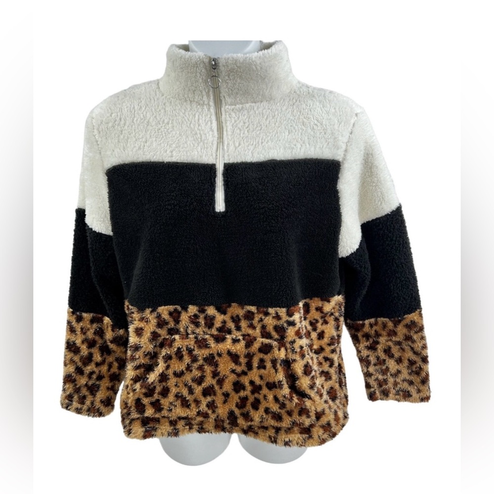 Le Moda Womens Lg Teddy Leopard Pullover Colorblock Fleece Kangaroo Pouch Boho